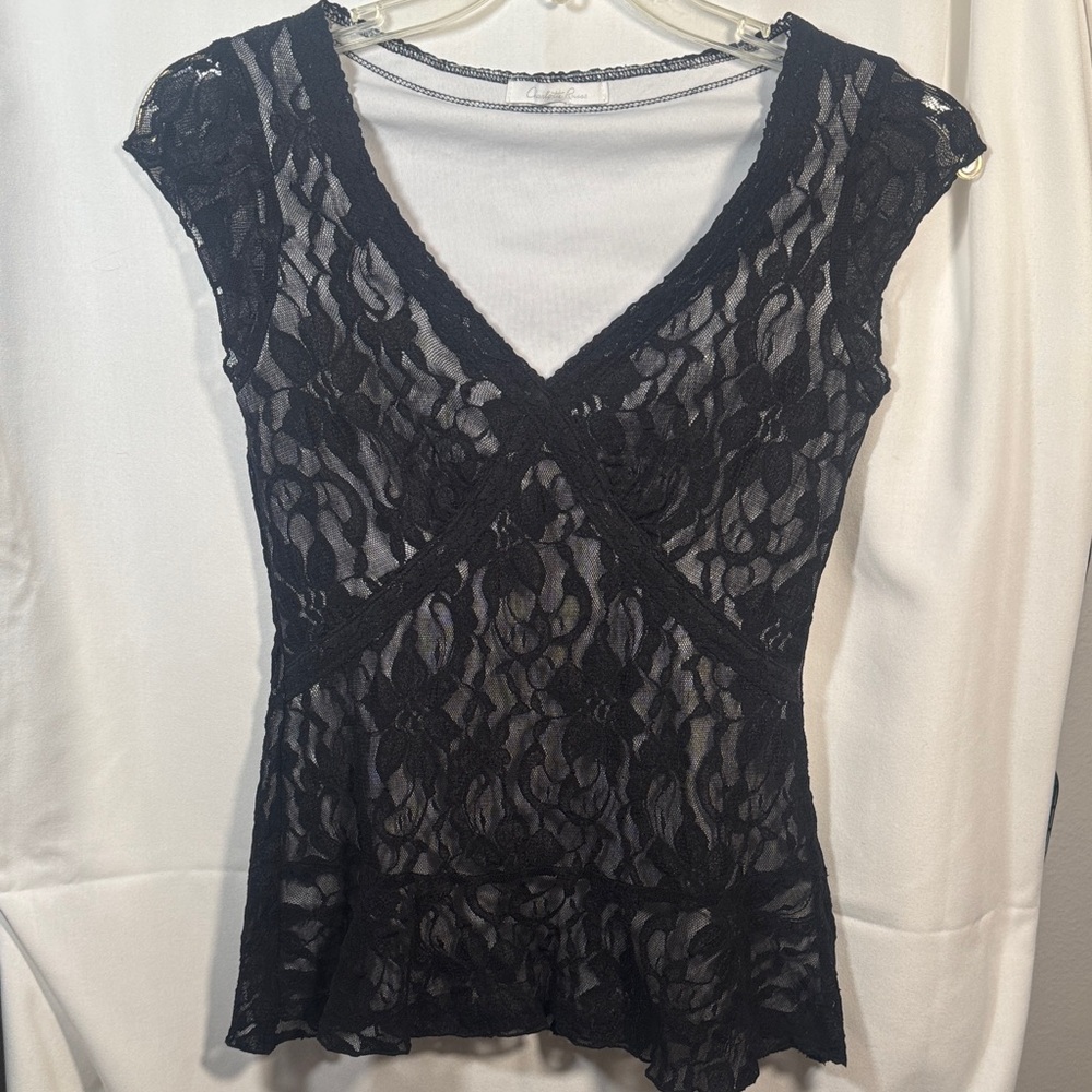 Charlotte Russe Black Lace Cap Sleeve V-Neck Chemise Top